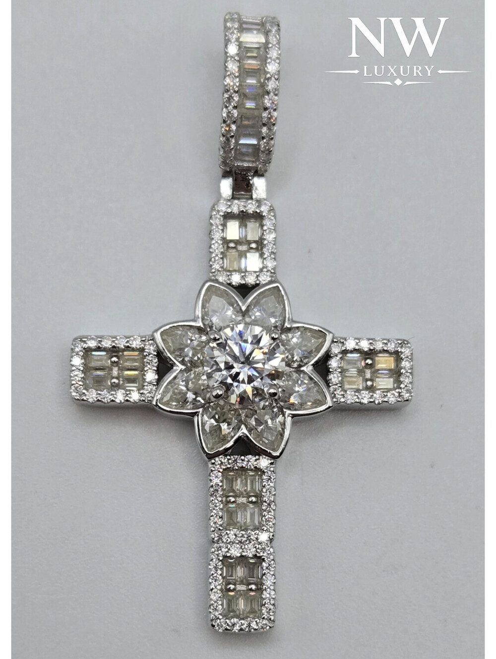 NEW Solid 925 Sterling Silver 4.0CTW MOISSANITE Cross Pendant Flower Cluster USA